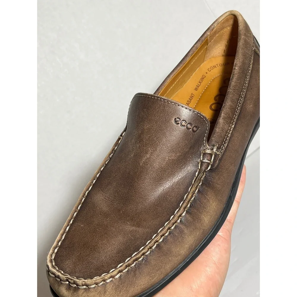 ECCO Mens Brown Leather Handsewn Loafers Slip On Driving Shoes Size 43 9 9.5